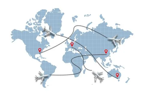 Concept of different paths of aircraft flight on the world map Foto stock