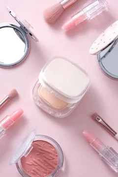 Concept of different women's accessories, different types of cosmetics for ma Stock Photos