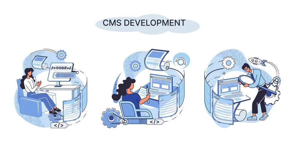 Concept of digital content management system, CMS development software metaphor Illustrazione stock