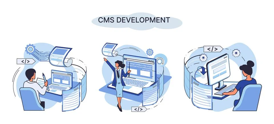 Concept of digital content management system, CMS development software metaphor Stock Illustration