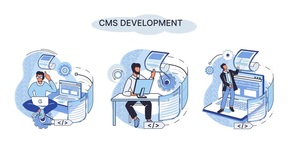 Concept of digital content management system, CMS development software metaphor Stock Illustration