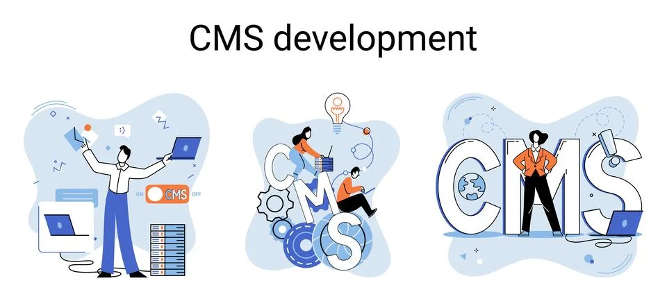 Concept of digital content management system, CMS development software metaphor Stock Illustration