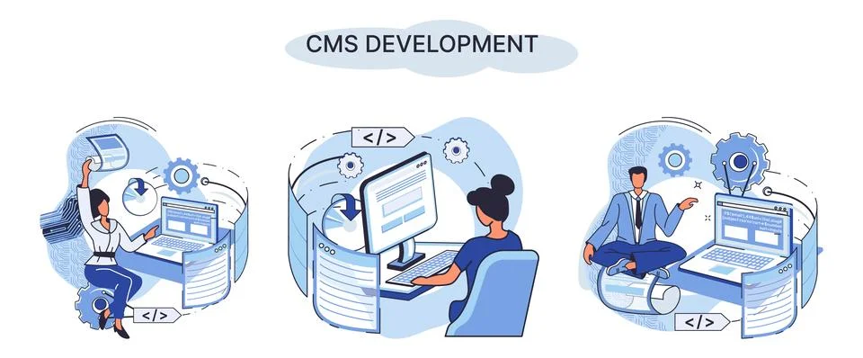 Concept of digital content management system, CMS development software metaphor イラスト素材
