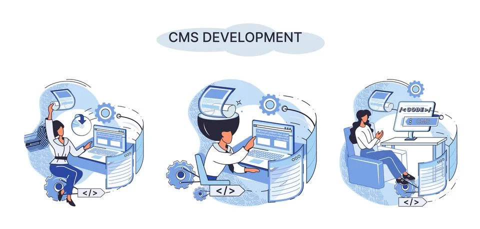 Concept of digital content management system, CMS development software metaphor Stock Illustration