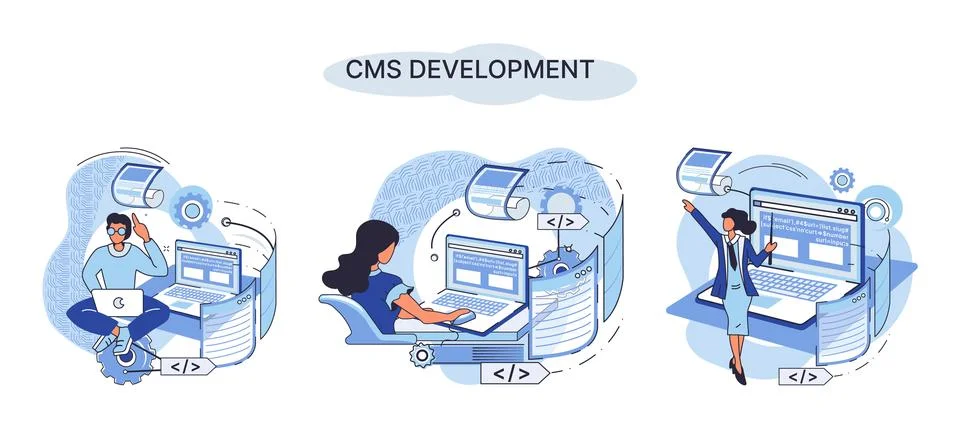 Concept of digital content management system, CMS development software metaphor 스톡 일러스트