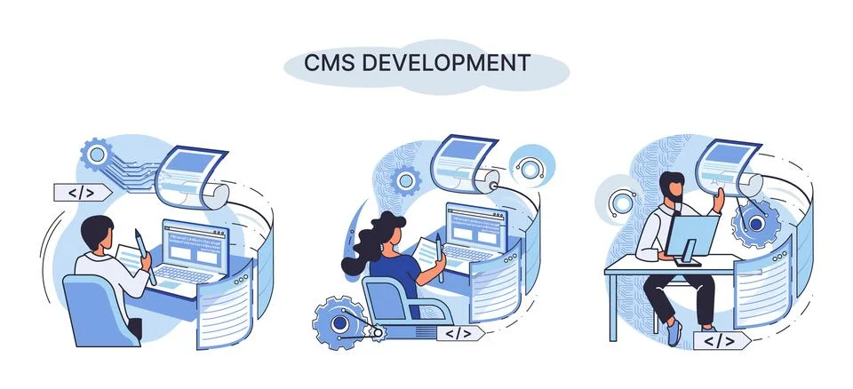 Concept of digital content management system, CMS development software metaphor Illustrazione stock