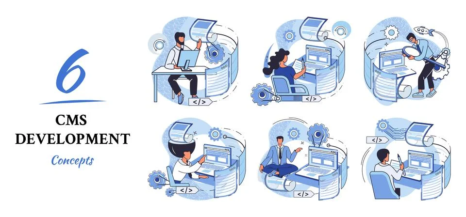 Concept of digital content management system, CMS development software metaphor Stock Illustration