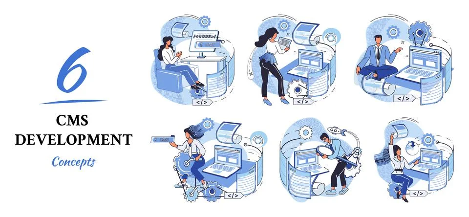 Concept of digital content management system, CMS development software metaphor イラスト素材