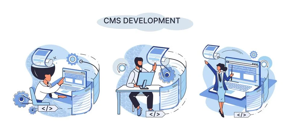 Concept of digital content management system, CMS development software metaphor イラスト素材