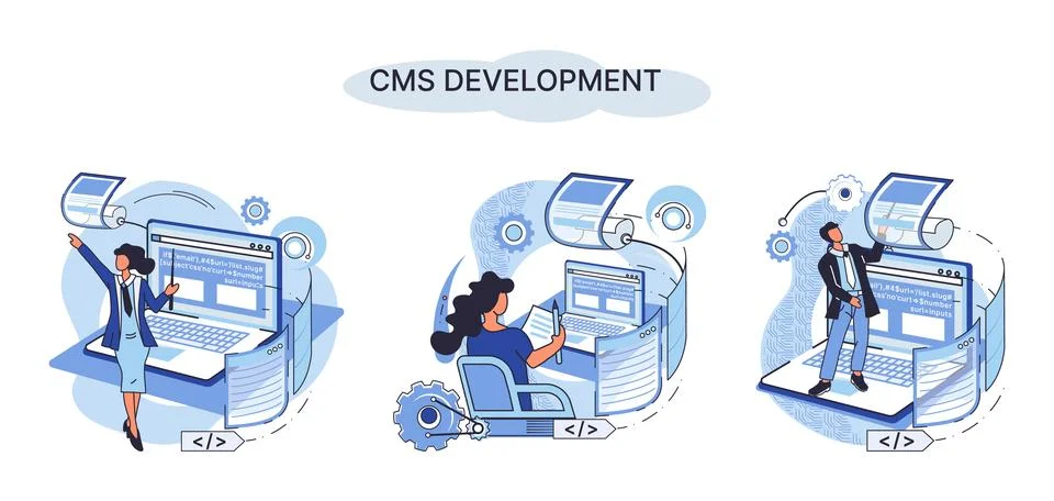 Concept of digital content management system, CMS development software metaphor Illustrazione stock