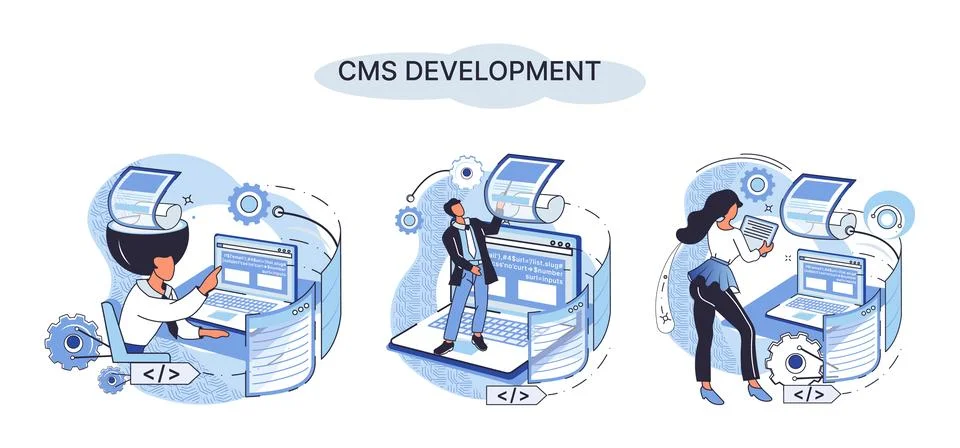Concept of digital content management system, CMS development software metaphor イラスト素材