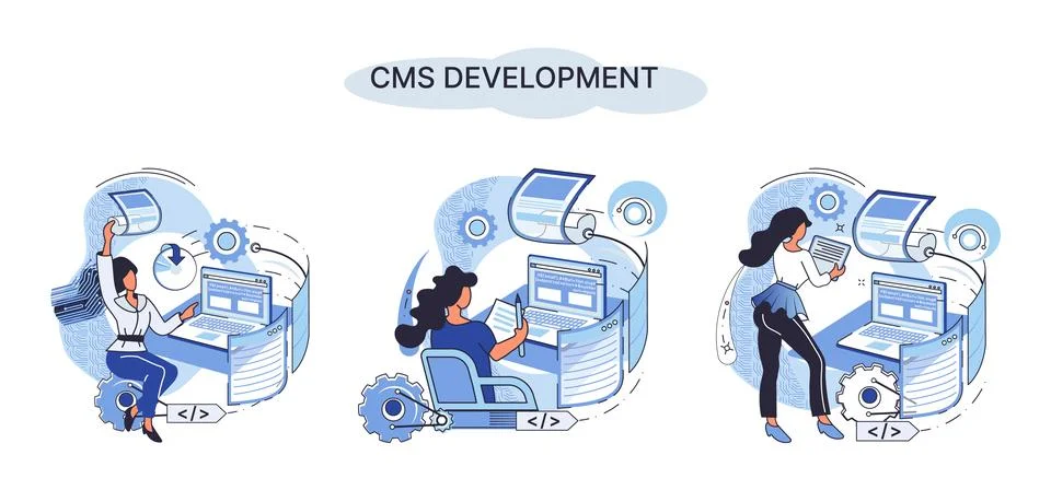 Concept of digital content management system, CMS development software metaphor Illustrazione stock
