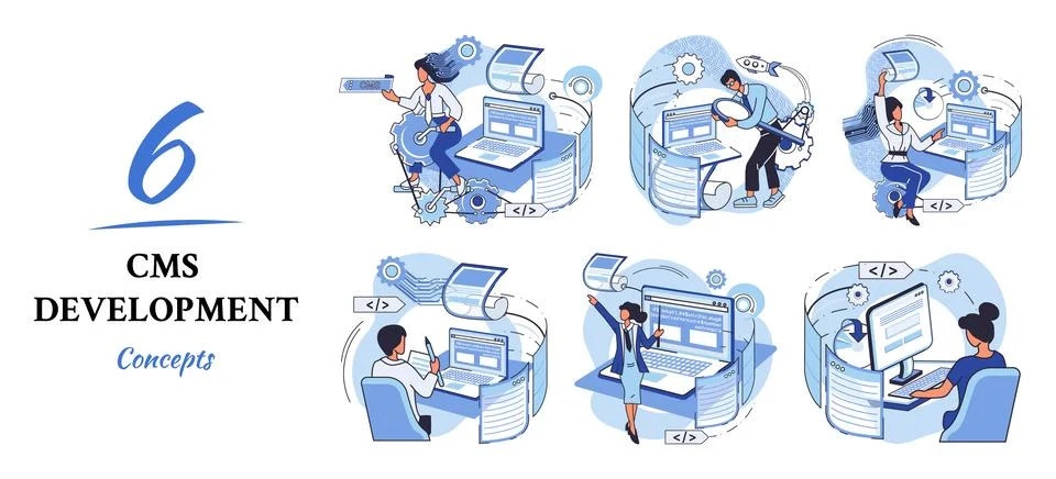 Concept of digital content management system, CMS development software metaphor イラスト素材