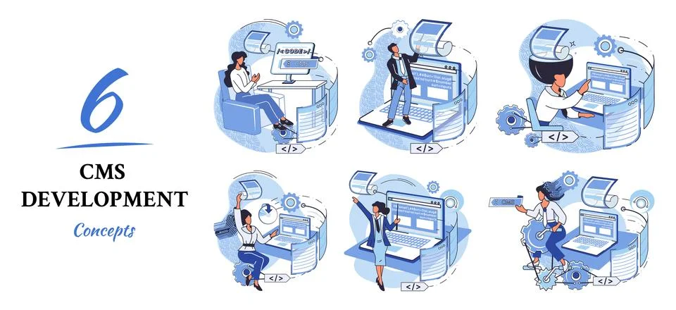 Concept of digital content management system, CMS development software metaphor イラスト素材