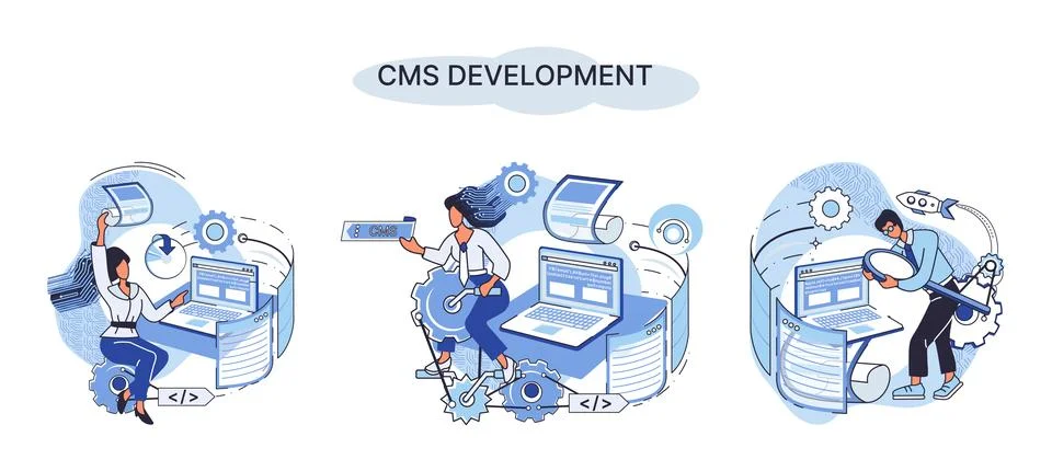 Concept of digital content management system, CMS development software metaphor Stock Illustration