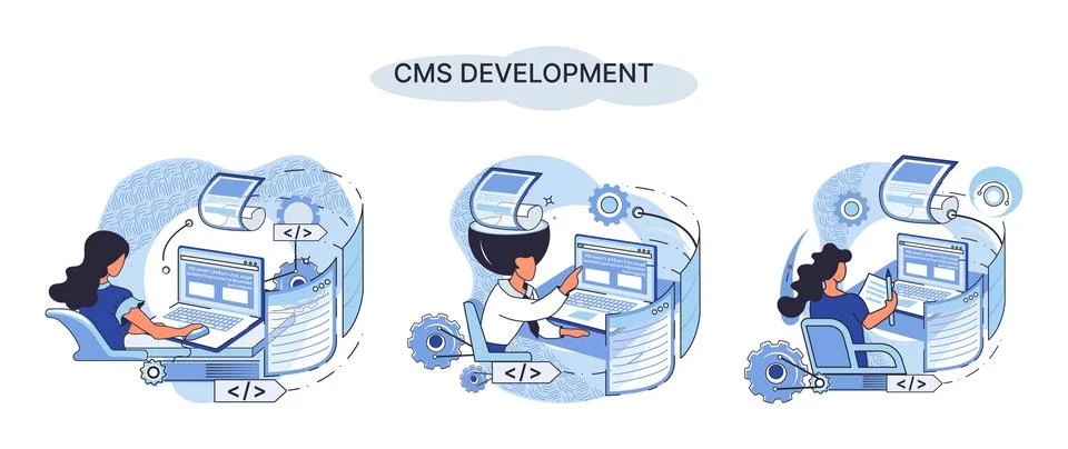 Concept of digital content management system, CMS development software metaphor Stock Illustration
