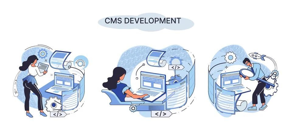 Concept of digital content management system, CMS development software metaphor Illustrazione stock