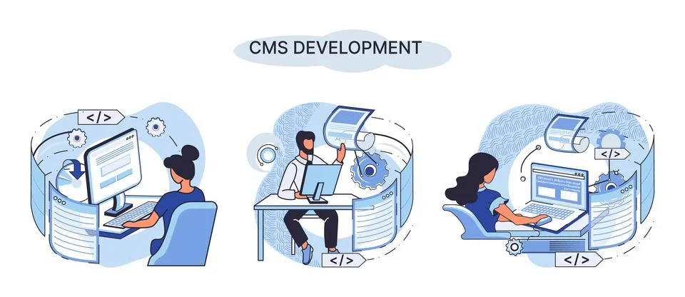 Concept of digital content management system, CMS development software metaphor Stock Illustration