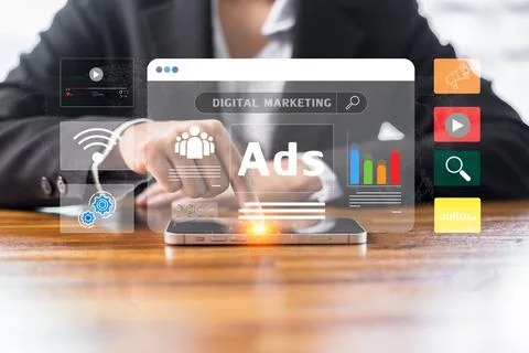 Concept of digital marketing involves using online advertising, product ads.. Stock Photos