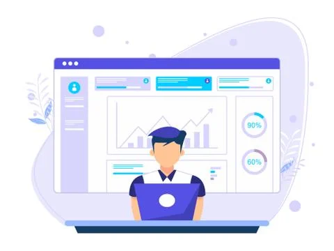 Concept of digital media services. man explains today's company data. flat ve Stock Illustration