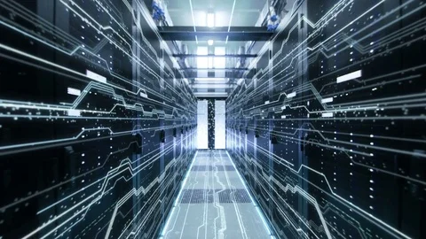 The Concept of: Digitalization of  Information Flow Moving Through Rack Servers Stock Footage 82788363