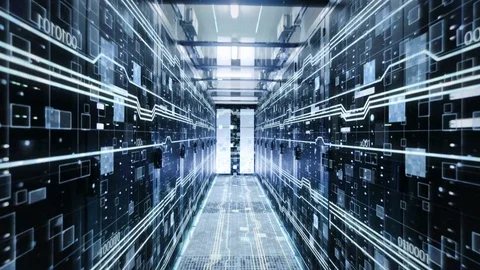 The Concept of: Digitalization of  Information Flow Moving Through Rack Servers Stock Footage 82788787
