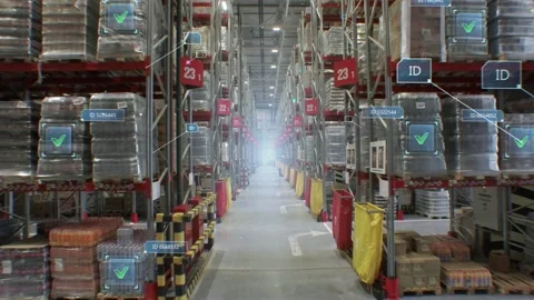 Concept of digitalization of warehouse fly-through products with infographics. Stock Footage 147864583