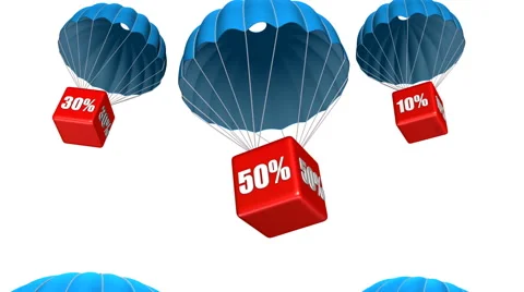 Concept of discount with falling cube on parachute, seamlessly loopable Stock Footage 63778351