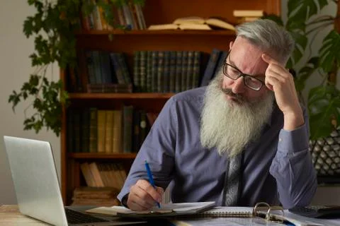 Concept of distance learning. Teacher tutor looking at laptop and makes notes Stock Photos