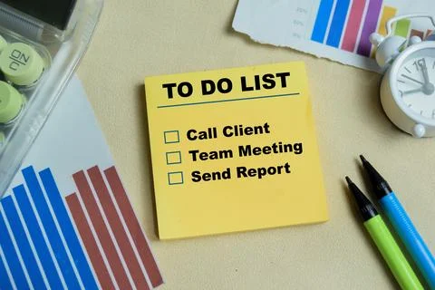 Concept of to do list, call client, team meeting and send report 스톡 사진
