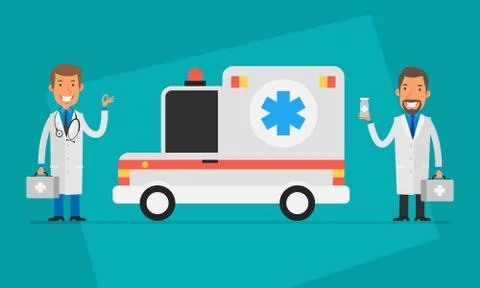 Concept Doctors Day Two Doctors and Ambulance Car Illustrazione stock