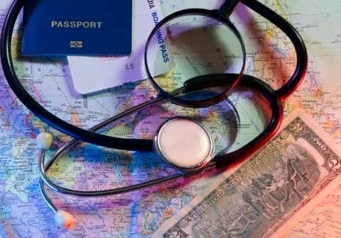 Concept doctors without borders, stethoscope, tickets, world map and passport  Stock Photos