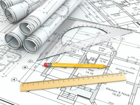 Concept of drawing. blueprints and drafting tools. Illustrazione stock