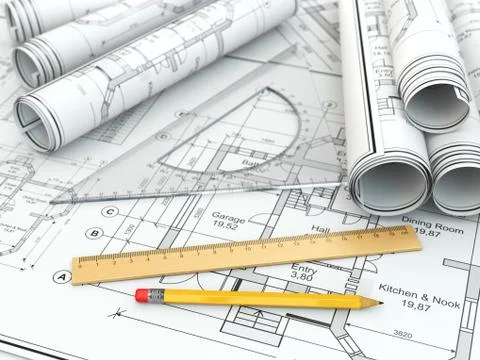Concept of drawing. blueprints and drafting tools. Illustrazione stock