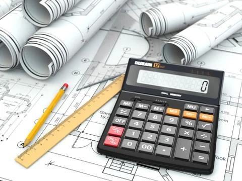 Concept of drawing. blueprints, drafting tools and calculator. Stock Illustration