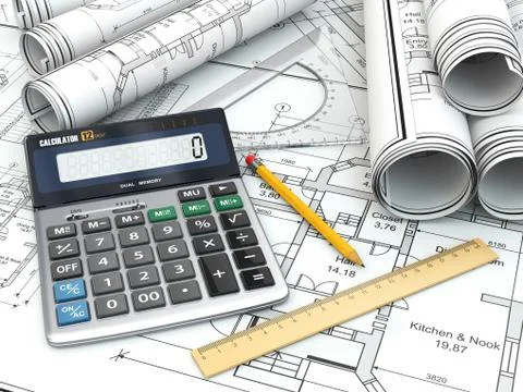 Concept of drawing. blueprints, drafting tools and calculator. Stock Illustration