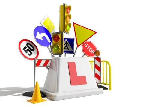 Concept of driver school logo road signs traffic lights fencing 3d render on Stock Illustration