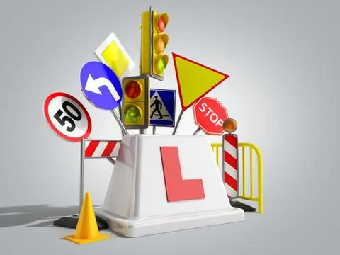 Concept of driver school logo road signs traffic lights fencing 3d render on Stock Illustration