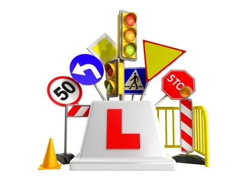 Concept of driver school logo road signs traffic lights fencing 3d render on  Stock Illustration
