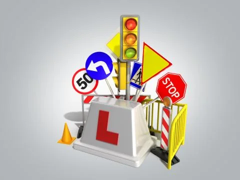 Concept of driver school logo road signs traffic lights fencing 3d render on  Stock Illustration