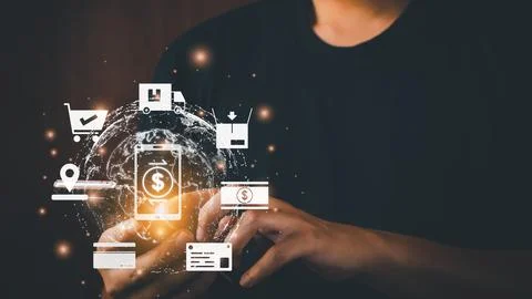 Concept e-commerce in the world of metaverse. Person using smartphones for on Stock Photos