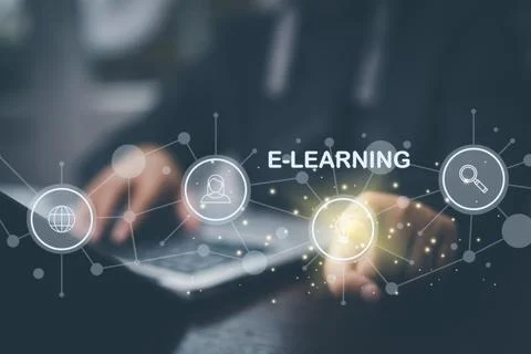 Concept E-learning education, Businessman hand touch Online Education icon on Stock Photos