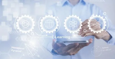 Concept E-learning education, Businessman hand touch Online Education icon on Foto stock