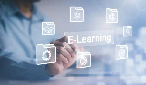 Concept E-learning education, Businessman hand touch Online Education icon on Stock Photos