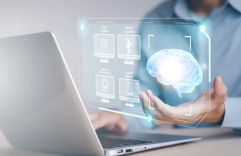 Concept E-learning education, Businessman hand touch Online Education icon on Stock Photos