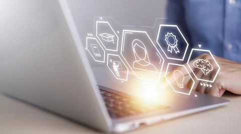 Concept E-learning education, Businessman hand touch Online Education icon on Stock Photos