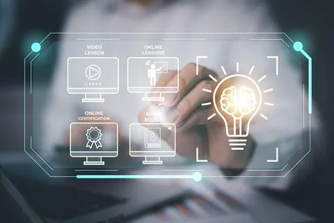 Concept E-learning education, Businessman hand touch Online Education icon on Stock Photos