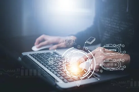 Concept E-learning education, Businessman hand touch Online Education icon on Stock Photos
