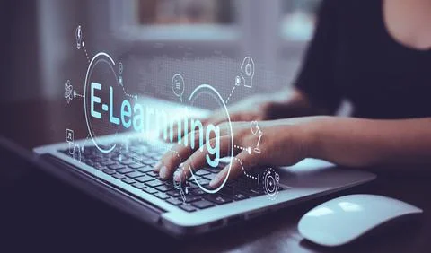 Concept E-learning education, Woman using laptop with Online Education icon o Stock Photos