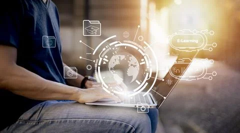 Concept E-learning education,Man using laptop with Online Education icon on v Stock Photos